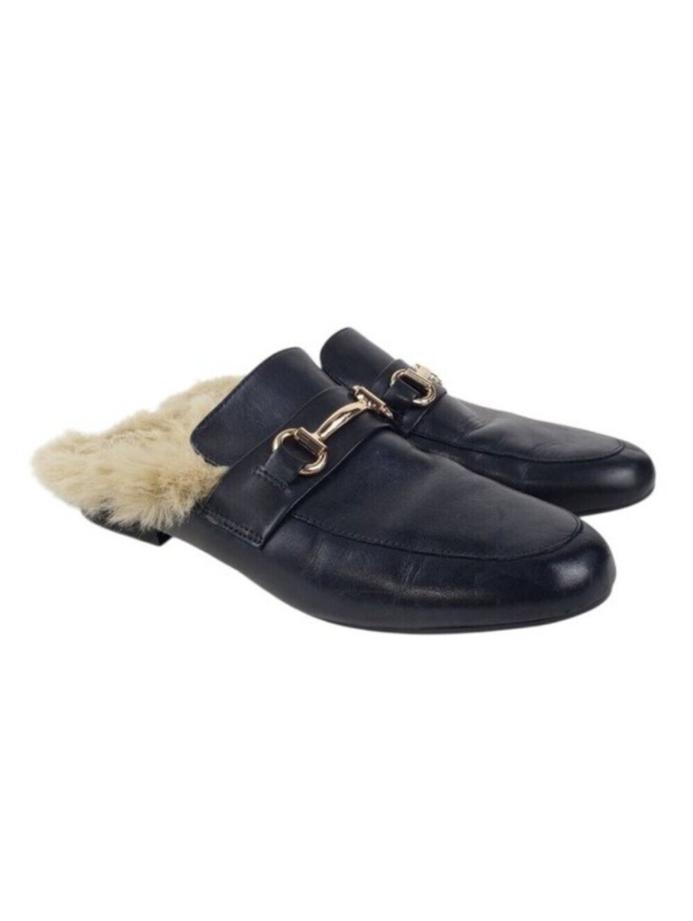 Steve Madden Jill Faux Fur Lined Black Leather Horsebit Mules Shoes Womens 8